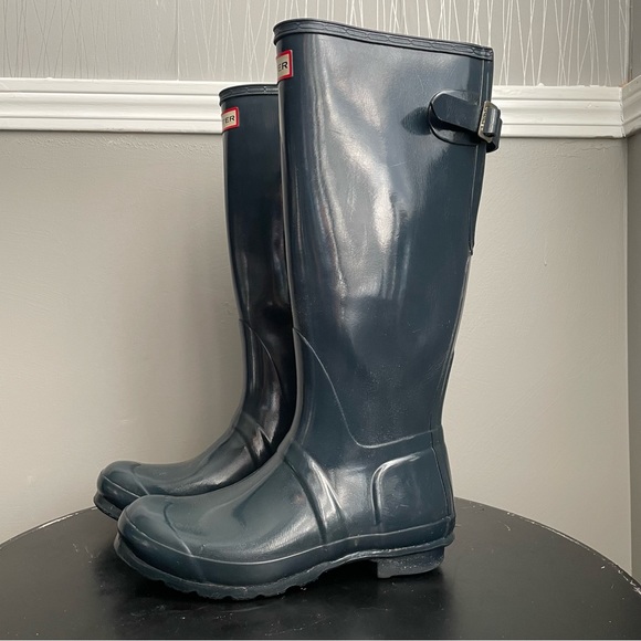 Hunter Shoes - Hunter Rain Boots in Glossy Navy Blue with Adjustable Calf